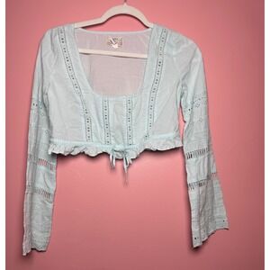 Kimchi Blue Crop Top Women Small Blue Eyelet Lace Boho Long Sleeve Tie Front